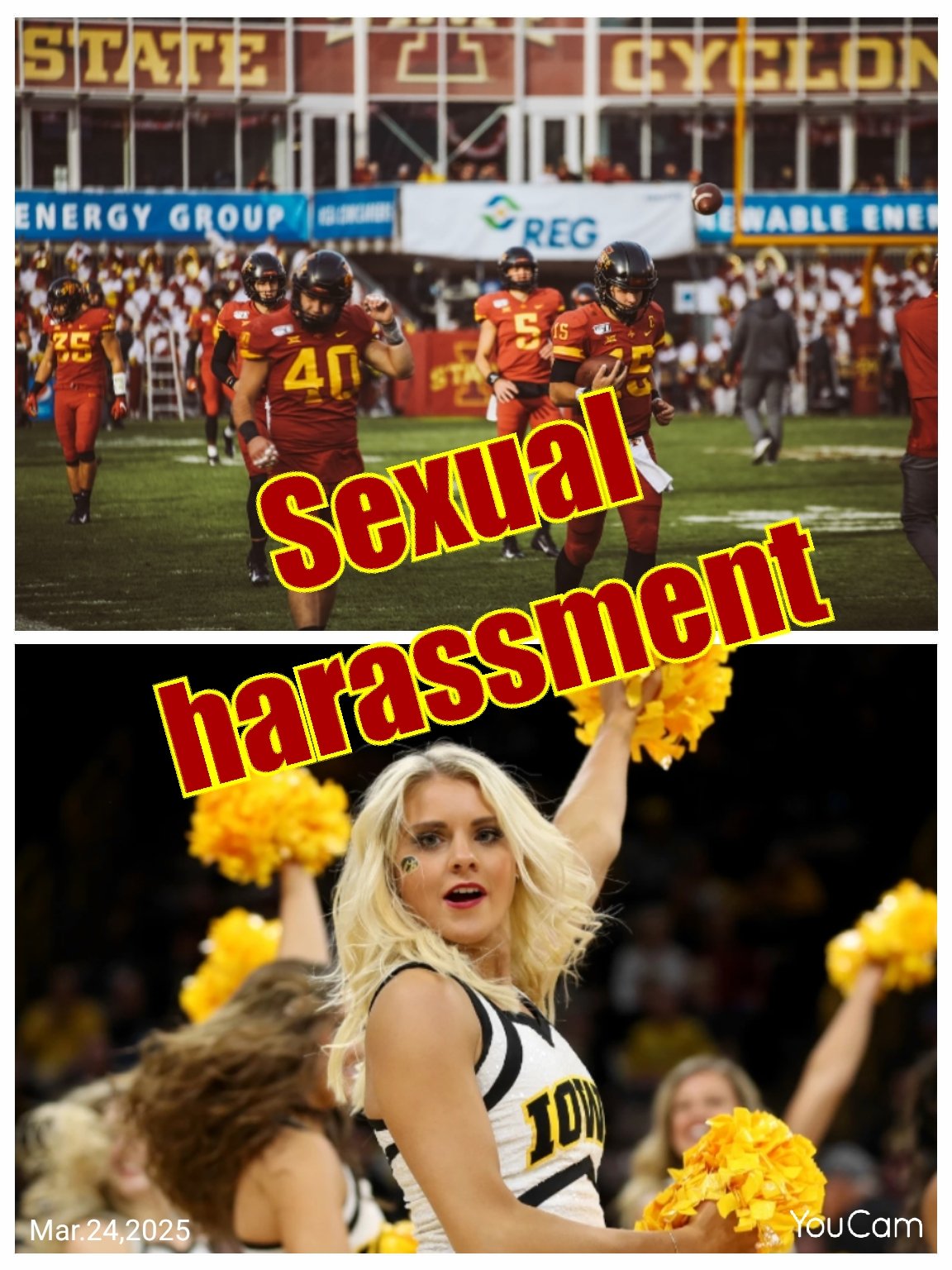 Breaking news:lowa state university football is forced to expell one of their students for sexual harassment on one of the cheer leaders lady see more for name of students and girl name ..