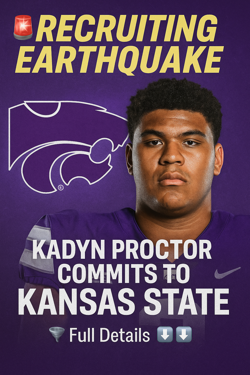 🚨𝐑𝐄𝐂𝐑𝐔𝐈𝐓𝐈𝐍𝐆 𝐄𝐀𝐑𝐓𝐇𝐐𝐔𝐀𝐊𝐄: In a stunning twist that’s sending shockwaves through college football, elite 6-foot-5 wide receiver Kadyn Proctor has committed to the Kansas State Wildcats, spurning Alabama, Ohio State, and a host of powerhouse programs. Known for his game-breaking speed, towering frame, and highlight-reel catches, Russell instantly becomes a program-changing weapon in Manhattan. This monumental recruiting win signals Kansas State’s growing dominance and leaves rivals scrambling as the..,..